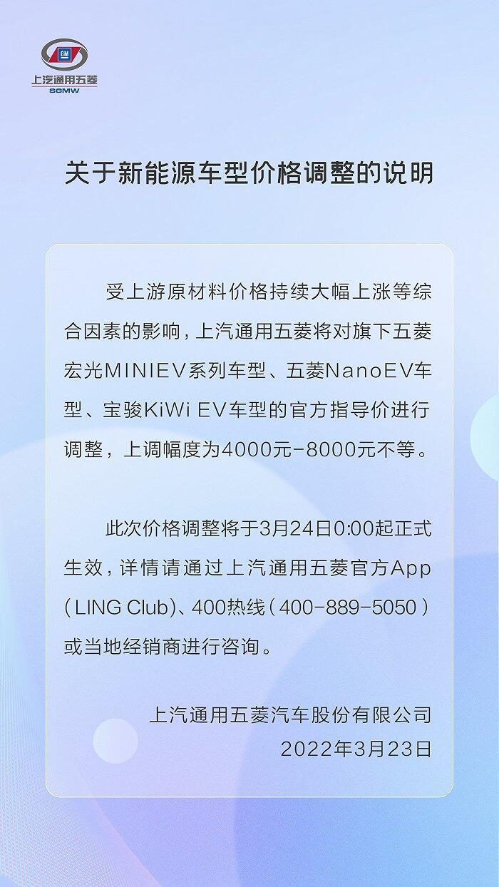 五菱汽车宣布上调三款新能源车型售价：涉及宏光 MINIEV，涨幅 4000 元-8000 元